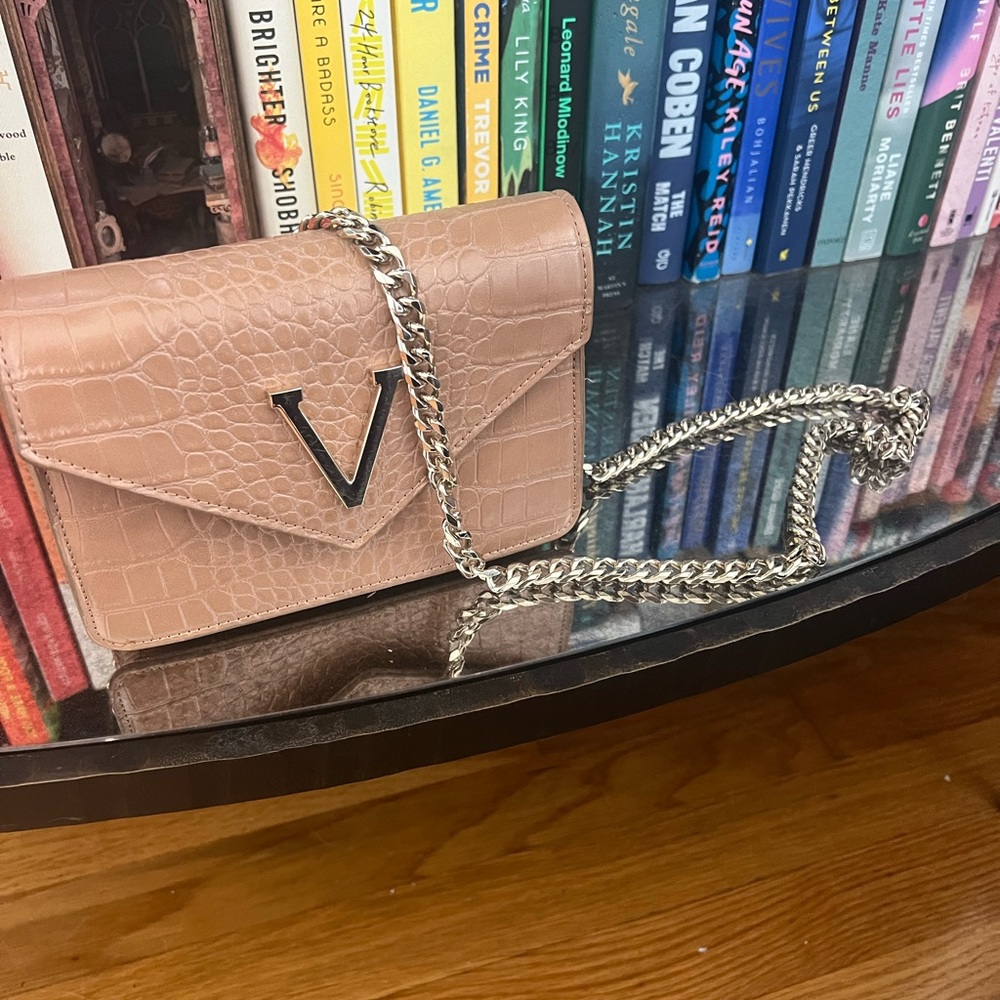 Tan Croc-Embossed Chain Bag